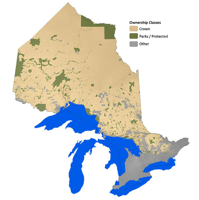 map of ownership classes in Ontario, including Crown, Parks and other.