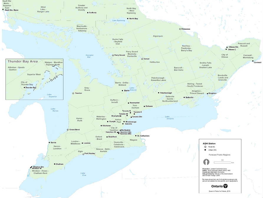 Map depicting the Air Quality Health Index monitoring sites across Ontario in 2017