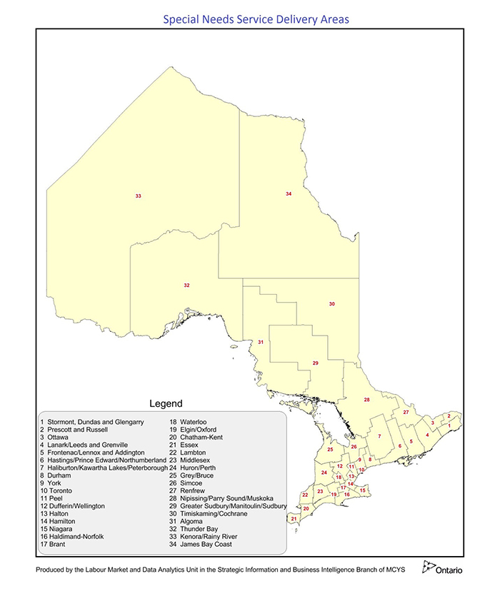 Map of Special Needs Service Delivery Areas in Ontario