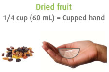 Dried fruit: 1/4 cup (60 mL) = Cupped hand
