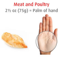 Meat and poultry: 2 1/2 oz (75 g) = Palm of hand o