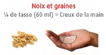 Noix and graines : 1/4 de tasse (60 ml) = Creux de la main