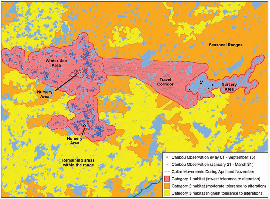 Map showing caribou observation, collar movements, category 1 habitat (lowest tolerance to alteration), category 2 habitat moderate tolerance to alteration), category 3 habitat (highest tolerance to alteration).