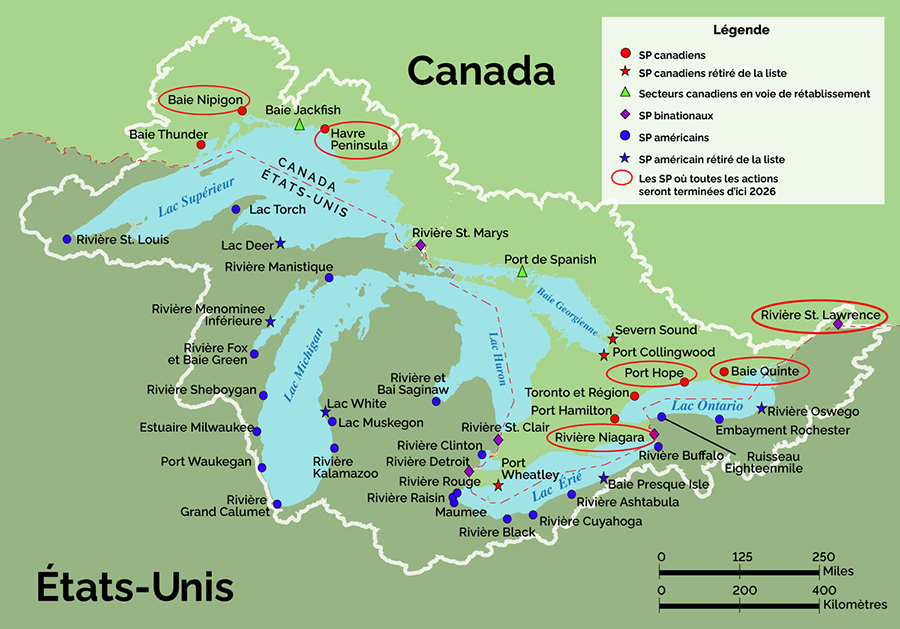 Carte des secteurs préoccupants des Grands Lacs