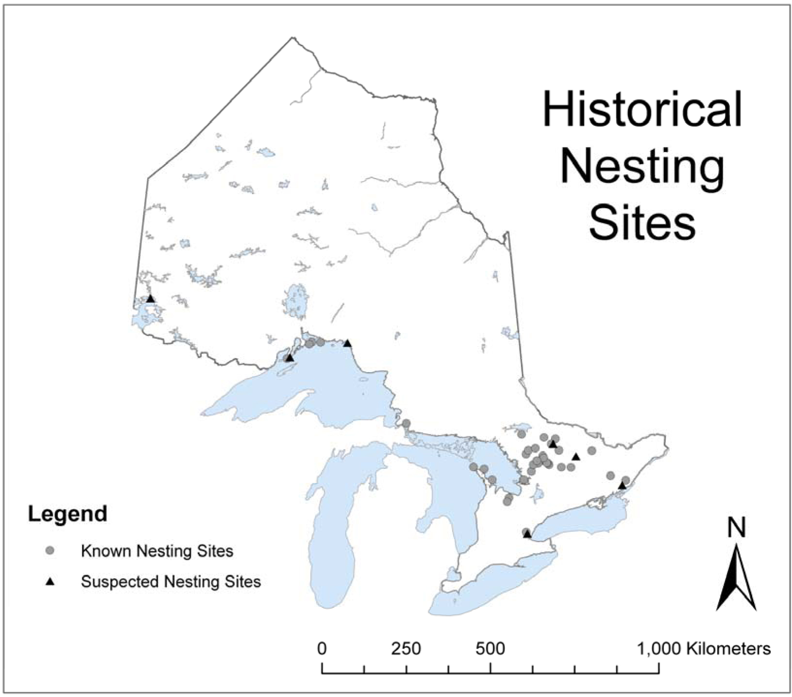 Map showing historical nesting sites of the Peregrine Falcon in Ontario, including known nesting sites and suspected nesting sites.