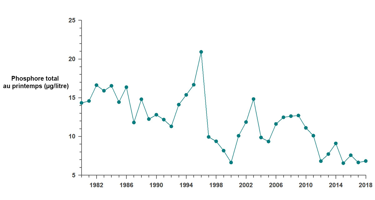 Ce graphique montre les changements dans les concentrations annuelles totales en phosphore (en microgrammes par litre) au printemps, en moyenne pour l’ensemble du lac, de 1980 à 2018. Au cours de cette période, les niveaux totaux de phosphore au printemps ont diminué considérablement dans l’ensemble. 