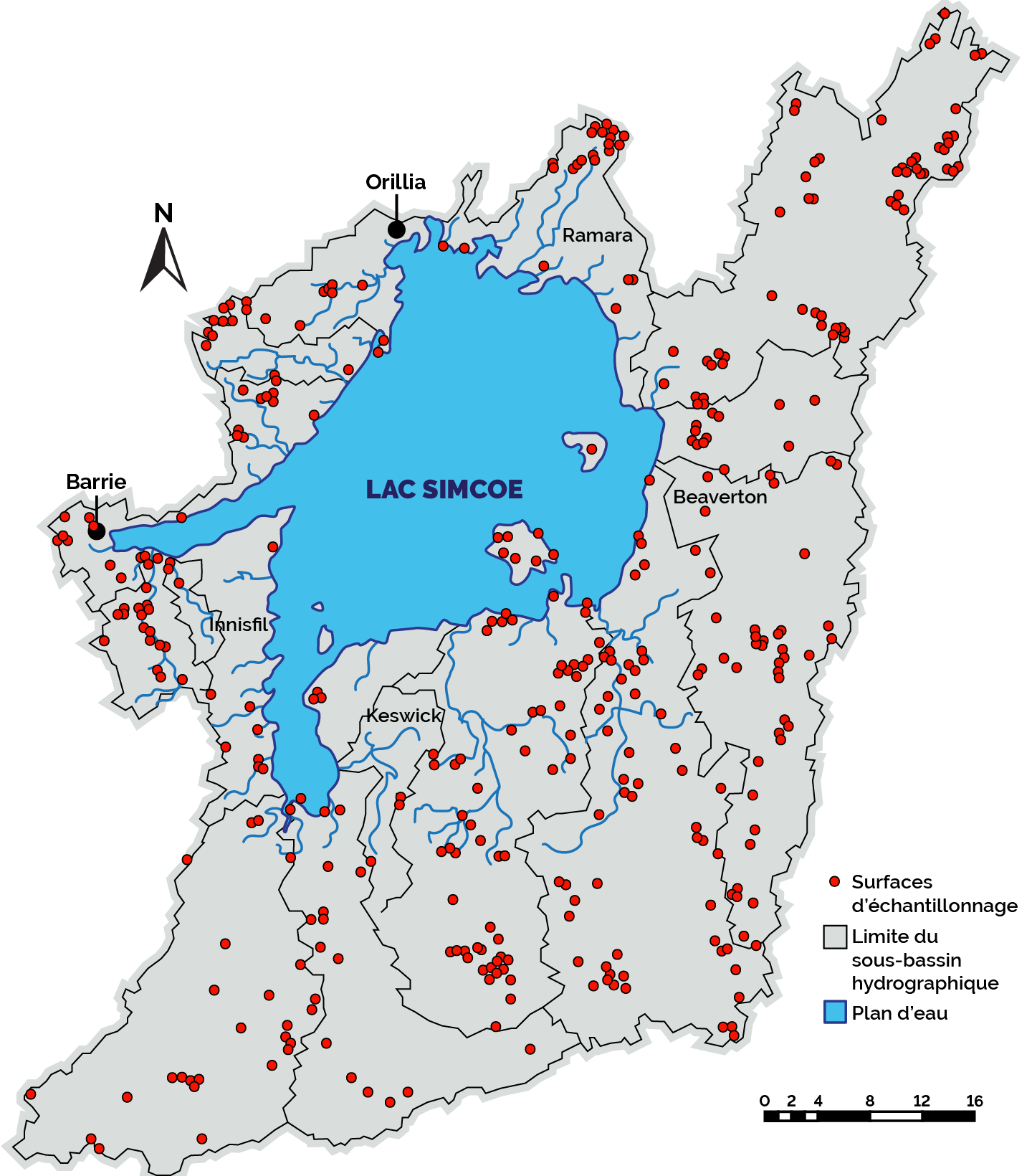 Carte montrant les limites du bassin hydrographique du lac Simcoe; les surfaces d’échantillonnage sont identifiées par des points.