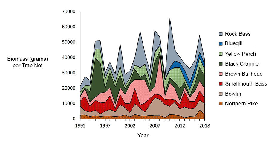 Graph of average biomass of warm-water fish species captured in trap nets by year. Trends vary by species.