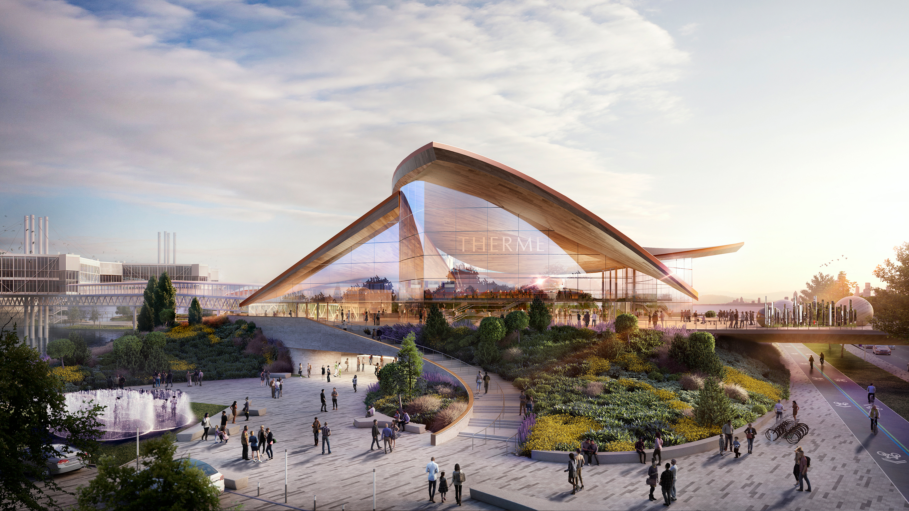 Artist rendering of Therme Group Ontario Place. Outdoor view of attraction with public promenade.