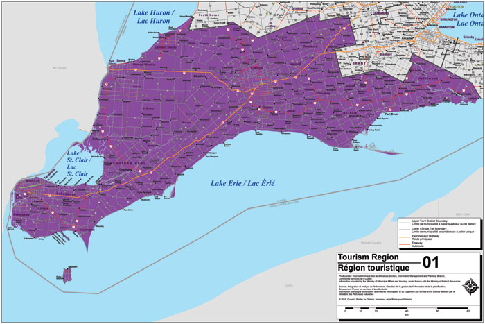 Map of southwest Ontario showing the border of tourism region 1.