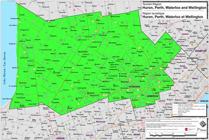 Map of Huron, Perth, Waterloo and Wellington Tourism Region.