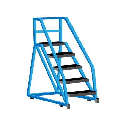 Ladder on wheels with a platform on the top and a mechanical lift for raising and lowering objects at the front