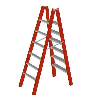 A ladder consisting of two sections, hinged at the top to form equal angles with the base, with rungs on both sections