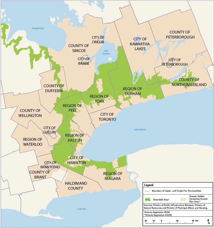 Map showing the Greater Golden Horseshoe Growth Plan Area. This area is comprised of the Region of Niagara, Haldimand County, City of Hamilton, County of Brant, City of Brantford, Region of Waterloo, County of Wellington, City of Guelph, Region of Halton, County of Dufferin, Region of Peel, County of Simcoe, City of Barrie, City of Orillia, Region of York, City of Toronto, Region of Durham, City of Kawartha Lakes, County of Peterborough, City of Peterborough and County of Northumberland. The Growth Plan Area is defined by Ontario Regulation 416/05