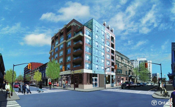 Hypothetical site in a downtown after intensification. Compared to Figure 2a, the image shows low- and mid-rise infill development, pedestrian amenities and landscaping, which contribute to a more vibrant and complete community.