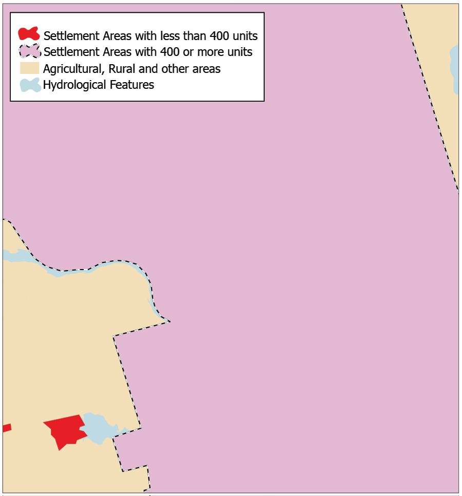 Illustration of the application of the 400 residential unit threshold to the settlement area dataset. Red polygons on the map represent settlement areas containing fewer than 400 residential units. Pink areas represent settlement areas containing 400 or more residential units which met the threshold and are selected