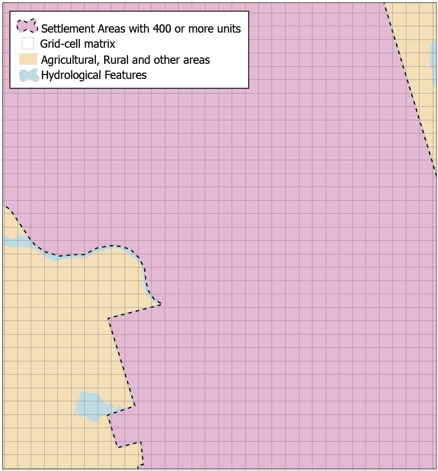 Map illustrating the grid-cell matrix overlaid and used as a base to manage, group, and aggregate millions of land use and parcel records, making them standardized and manageable for further analysis. The grid-cell matrix is comprised of 250m X 250m square cells overlaid across the entire Greater Golden Horseshoe growth plan area.