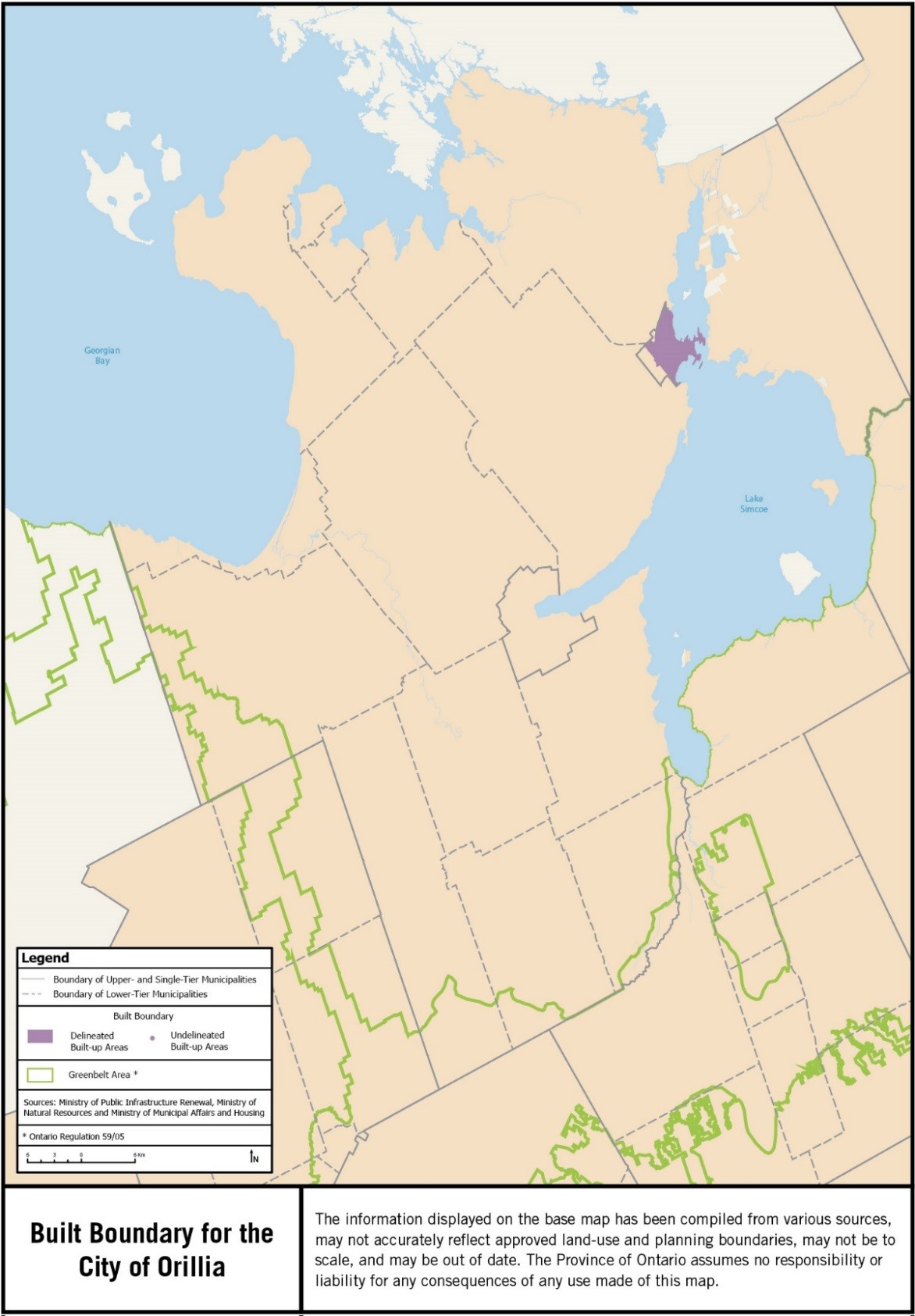 Map showing the built boundary for the City of Orillia.