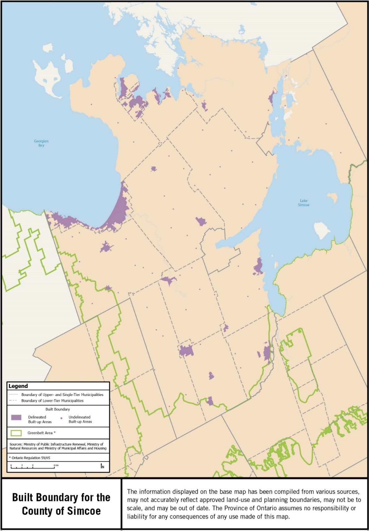 Map showing the built boundary for the County of Simcoe.