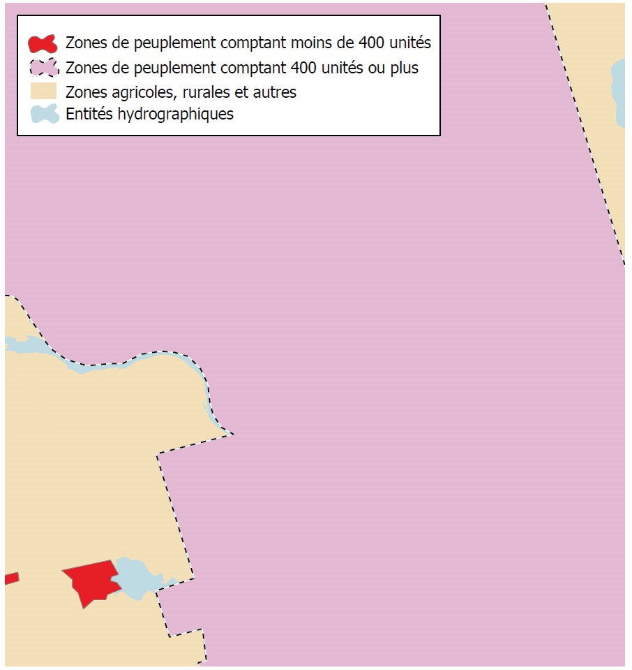 Illustration de l’application du seuil des 400 unités résidentielles dans le jeu de données des zones de peuplement. Sur la carte, les polygones rouges représentent les zones de peuplement comptant moins de 400 unités résidentielles. Les zones roses représentent les zones de peuplement contenant 400 unités résidentielles ou plus qui concordaient avec le seuil et sont sélectionnées à cette étape. Toutes les zones de peuplement contenues dans le jeu de données comportant moins de 400 unités résidentielles sont excludes.
