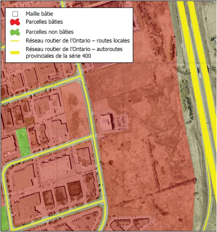 Illustration montrant toutes les parcelles non bâties situées entre des parcelles bâties qui sont à une distance de 1 km ou moins dune autoroute de la série 400.