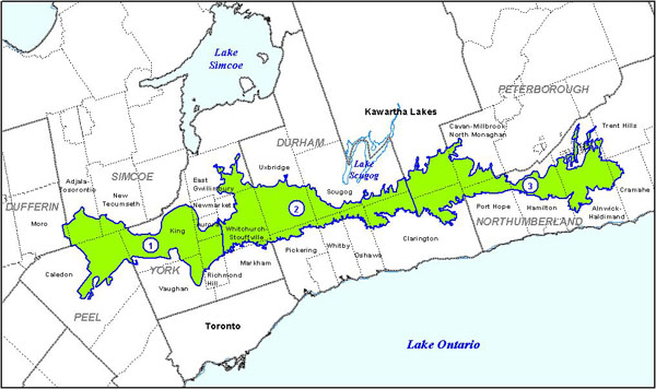 carte de la zone de conservation de la moraine d’Oak Ridges divisée en 3 secteurs par des limites régionales qui montre le caractère écologique et hydrologique au moyen des cartes ci-dessous.