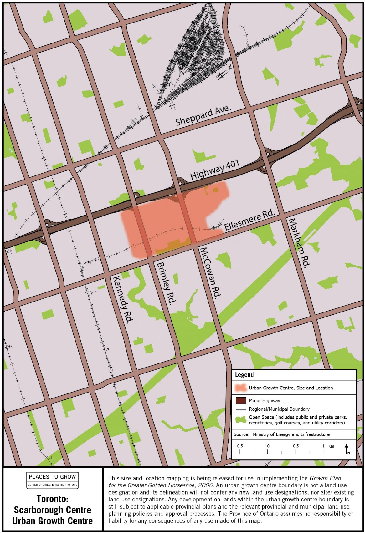 Map of the approximate size and location of the Toronto: Scarborough Centre Urban Growth Centre in the vicinity of McCowan and Ellesmere Roads.