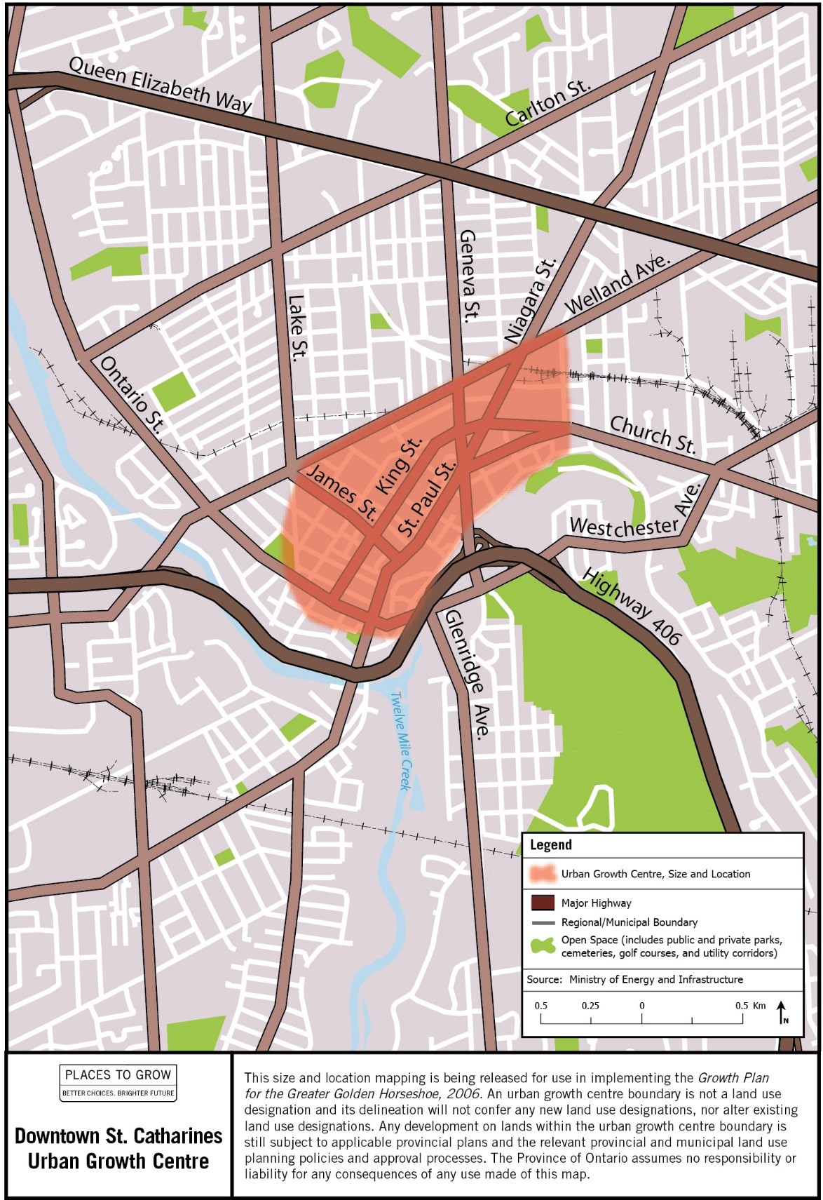 Map of the approximate size and location of the Downtown St. Catharines Urban Growth Centre in the vicinity of Geneva and King Streets.