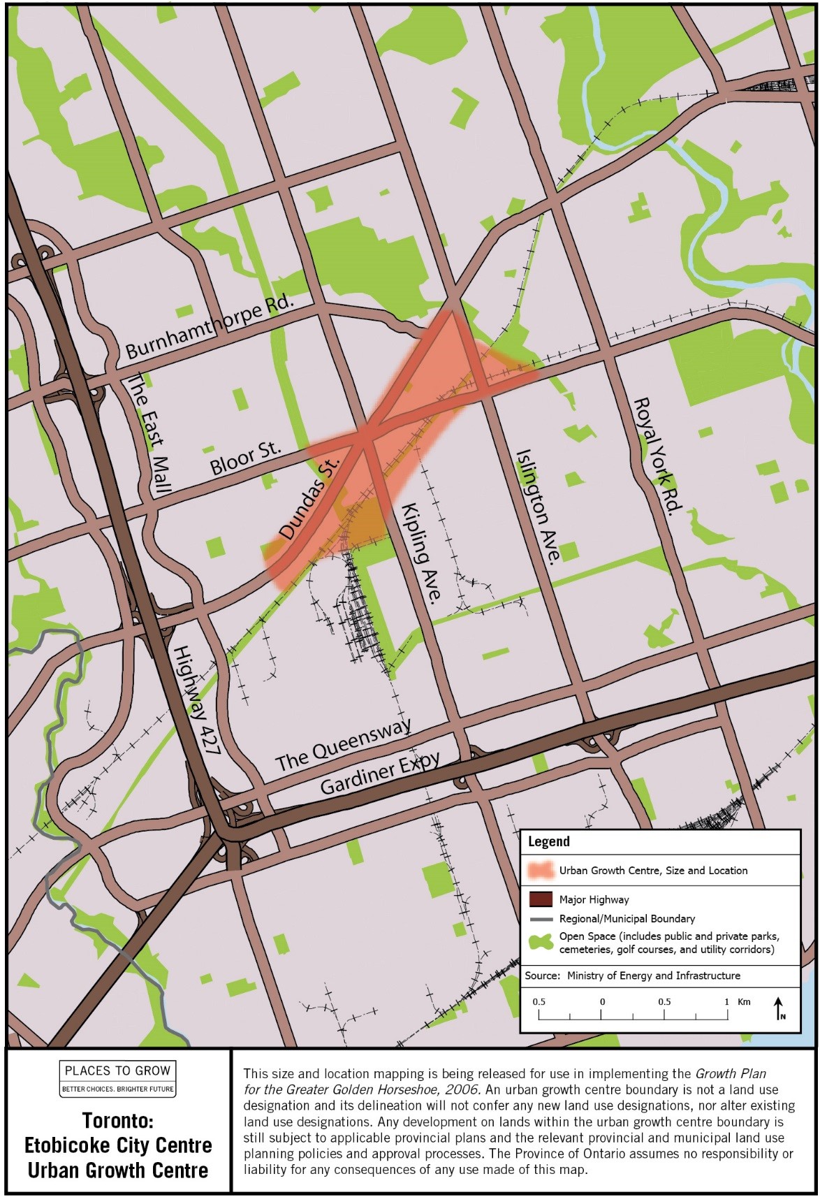 Map of the approximate size and location of the Toronto: Etobicoke City Centre Urban Growth Centre in the vicinity of Kipling Avenue and Dundas Street West.