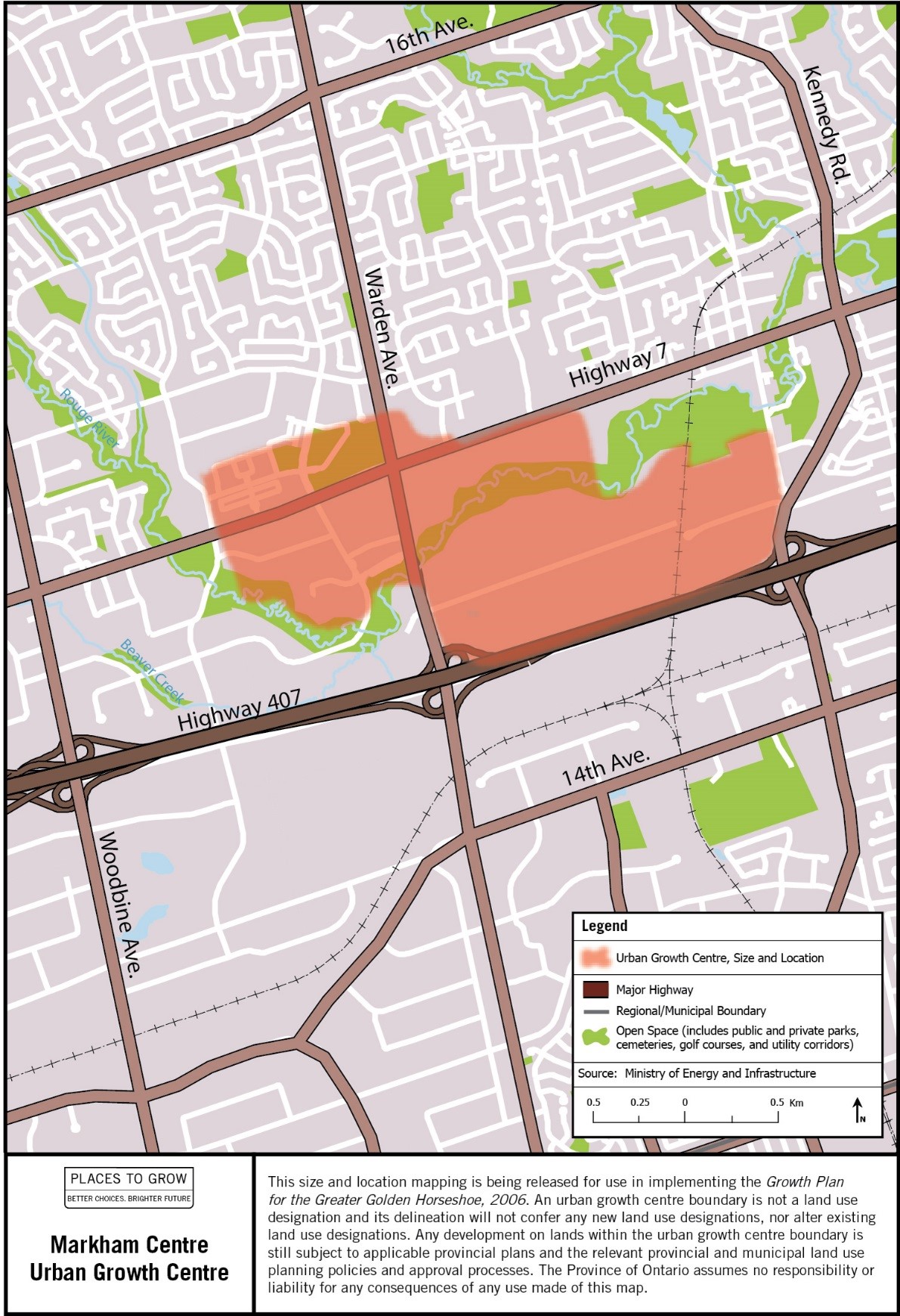 Map of the approximate size and location of the Markham Centre Urban Growth Centre in the vicinity of Warden Avenue and Highway 7.