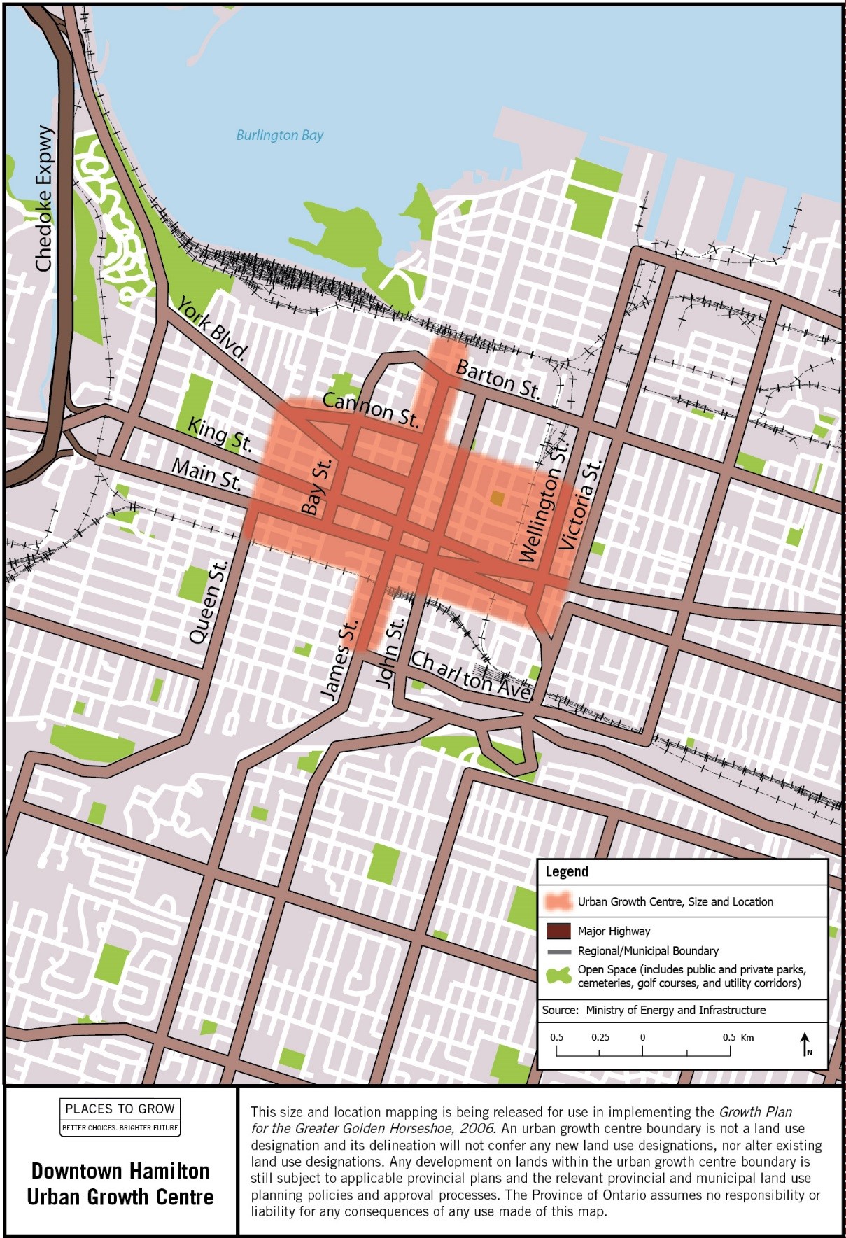 Map of the approximate size and location of the Downtown Hamilton Urban Growth Centre in the vicinity of James and King Streets.