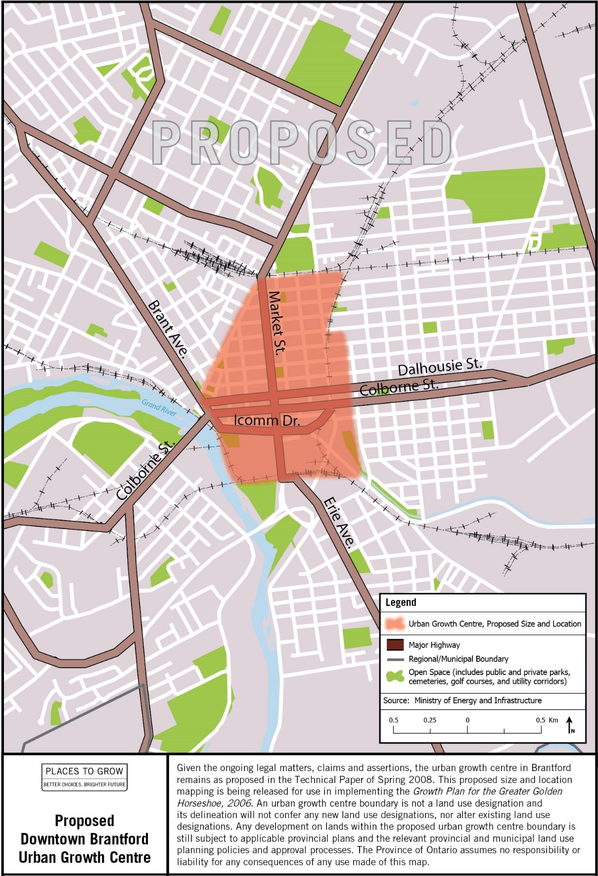 Map of the approximate size and location of the Proposed Downtown Brantford Urban Growth Centre in the vicinity of Market and Dalhousie Streets.