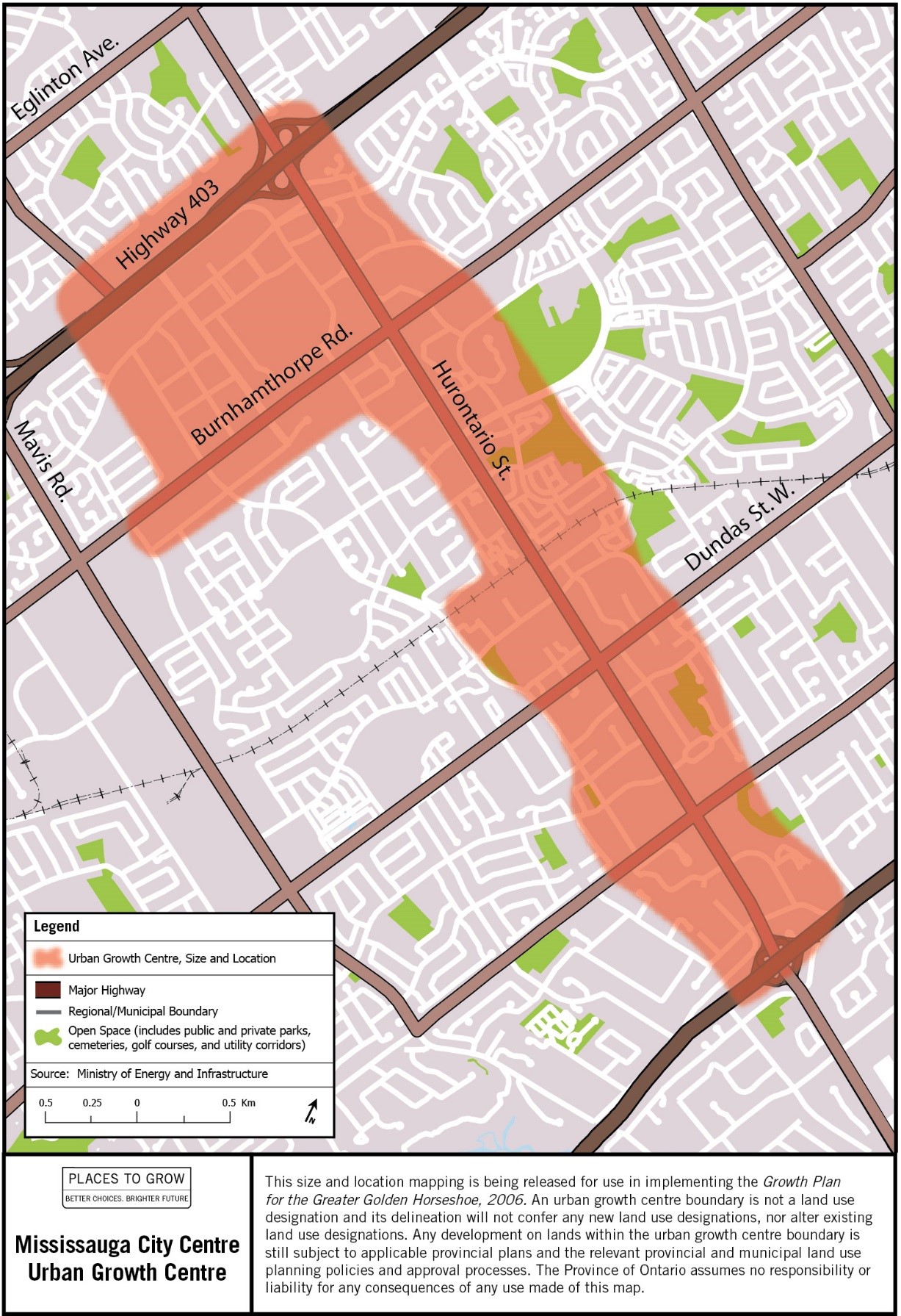 Map of the approximate size and location of the Mississauga City Centre Urban Growth Centre in the vicinity of Burnhamthorpe Road and Hurontario Street.