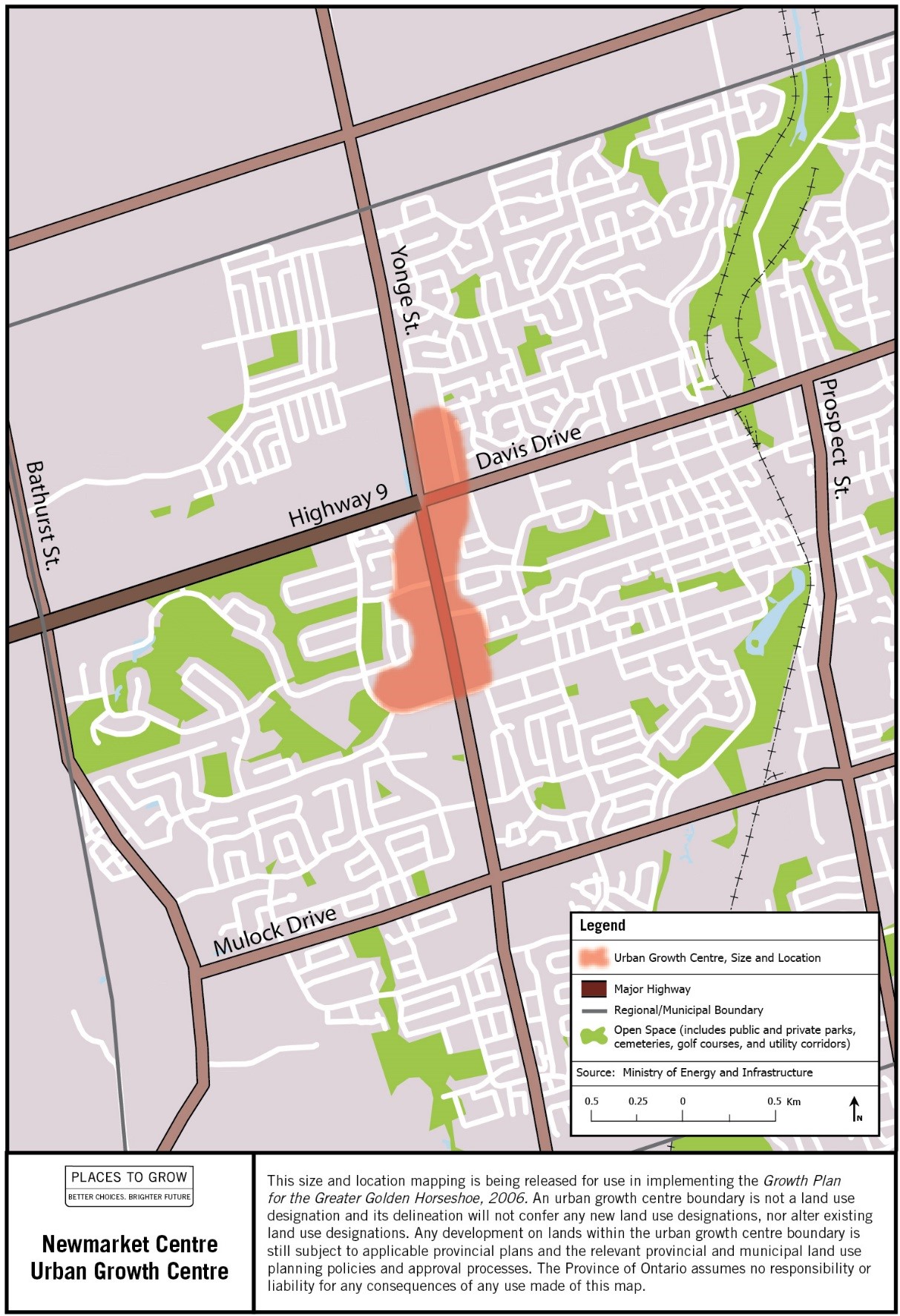 Map of the approximate size and location of the Newmarket Centre Urban Growth Centre in the vicinity of Davis Drive and Yonge Street.