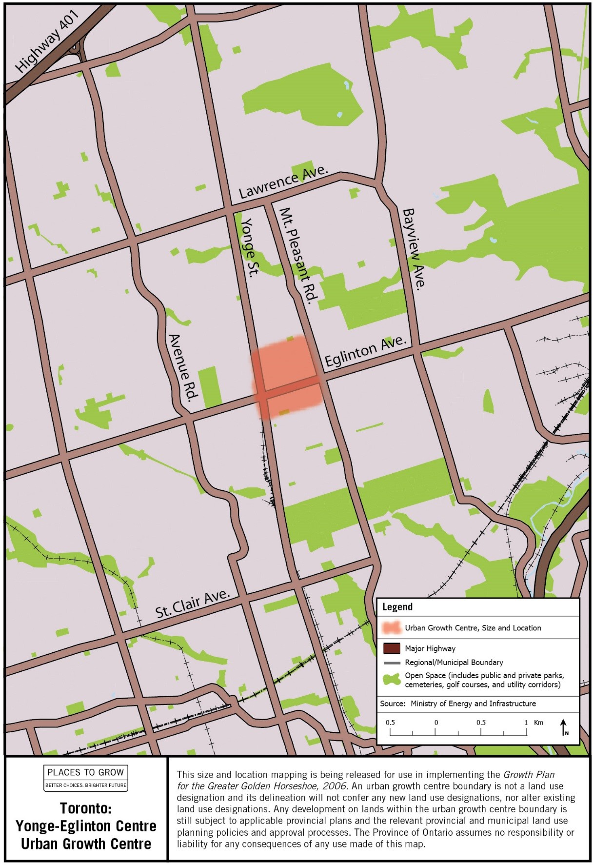 Map of the approximate size and location of the Toronto: Yonge-Eglinton Centre Urban Growth Centre in the vicinity of Yonge Street and Eglinton Avenue.