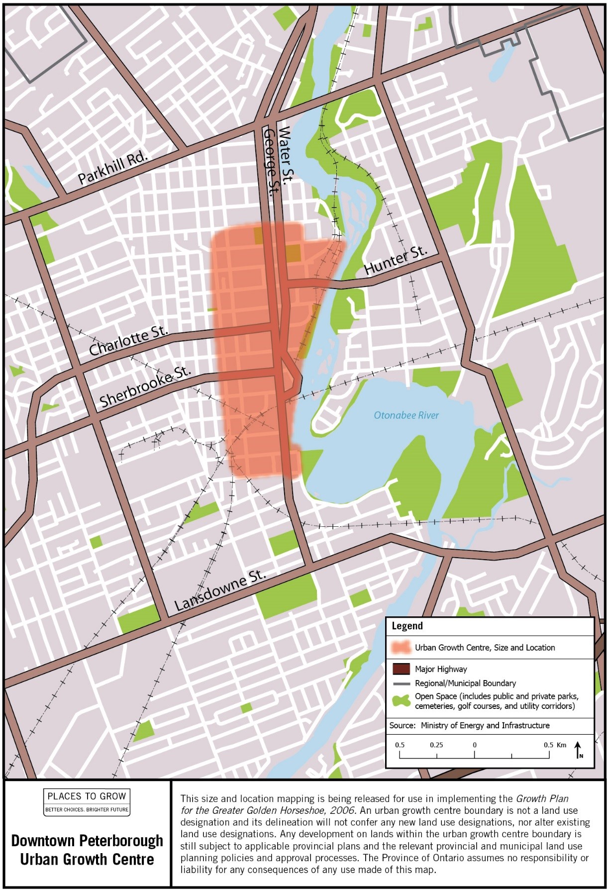 Map of the approximate size and location of the Downtown Peterborough Urban Growth Centre in the vicinity of George and Charlotte Streets.
