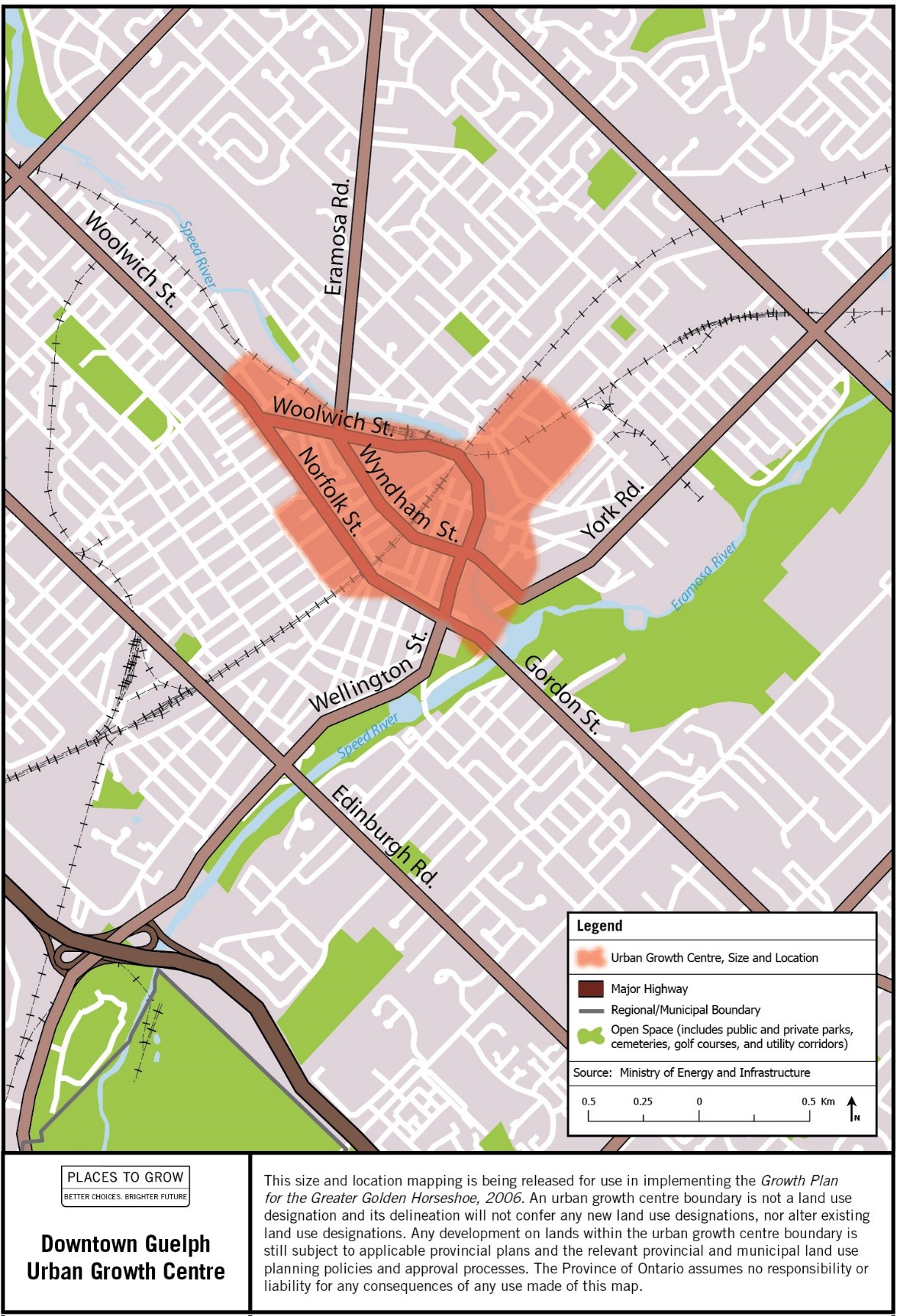 Map of the approximate size and location of the Downtown Guelph Urban Growth Centre in the vicinity of Wyndham and Woolwich Streets.