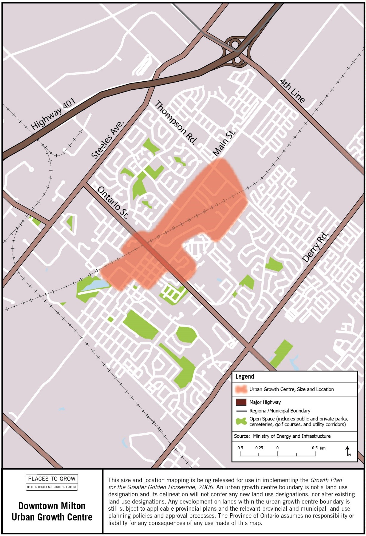 Map of the approximate size and location of the Downtown Milton Urban Growth Centre in the vicinity of Ontario and Main Streets.