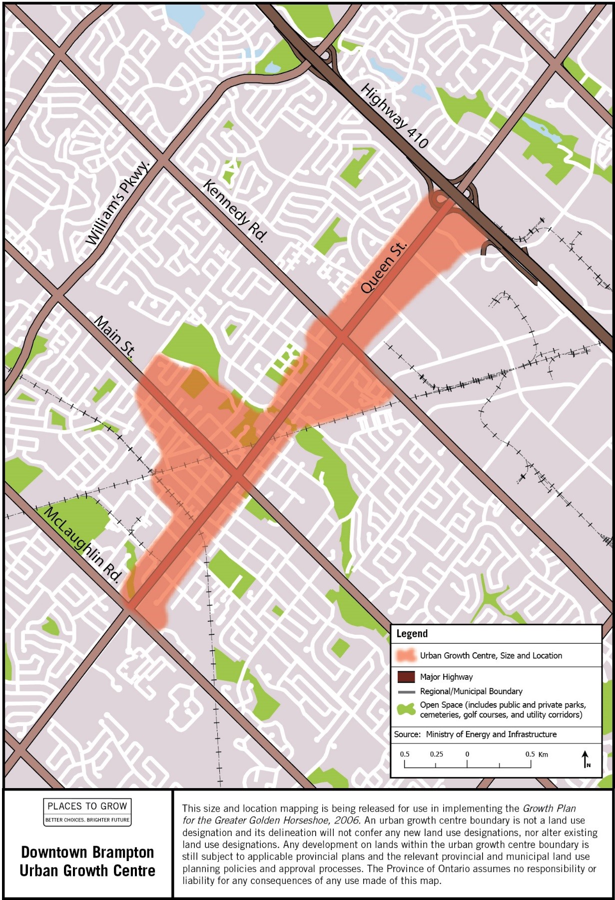Map of the approximate size and location of the Downtown Brampton Urban Growth Centre in the vicinity of Queen and Main Streets.