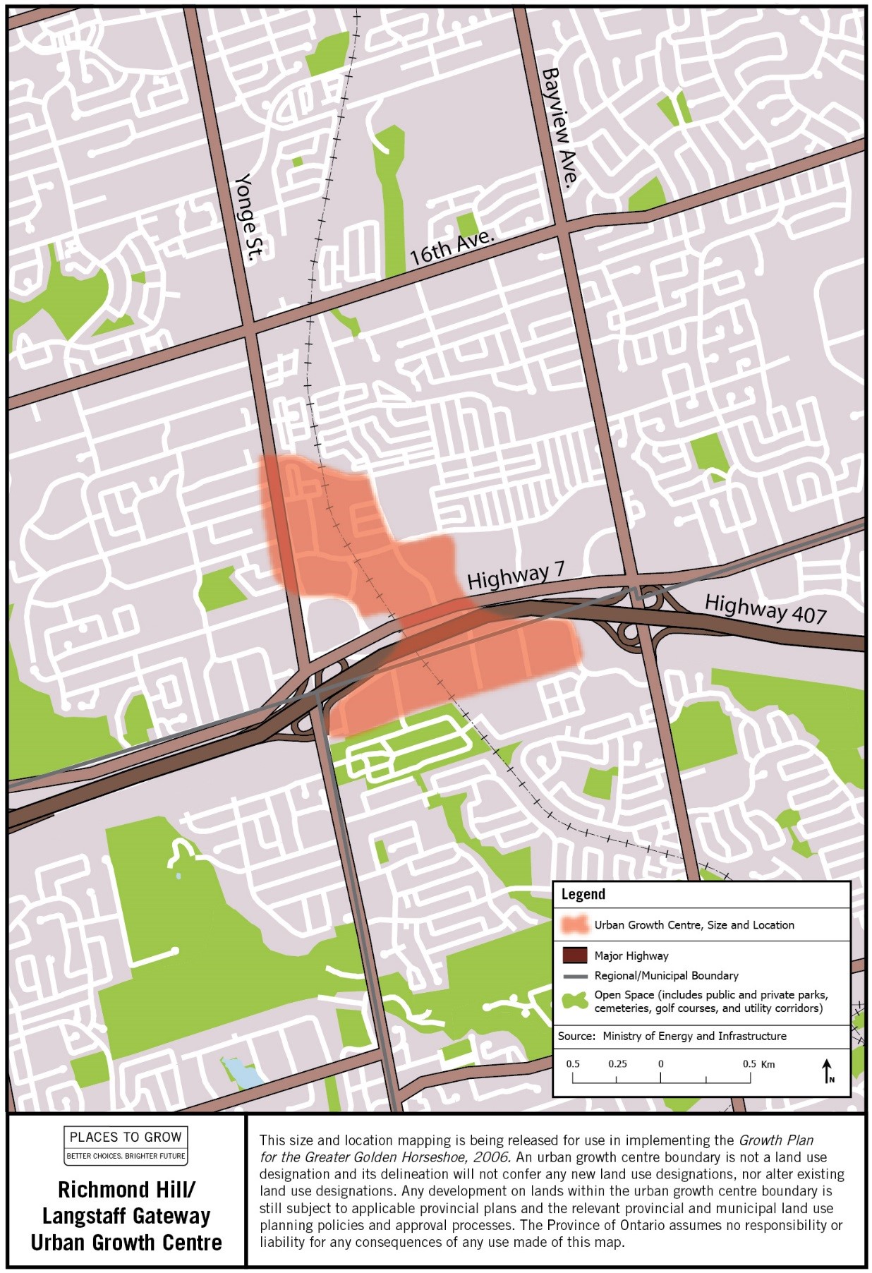 Map of the approximate size and location of the Richmond Hill/Langstaff Gateway Urban Growth Centre in the vicinity of Highway 7 between Yonge Street and Bayview Avenue.