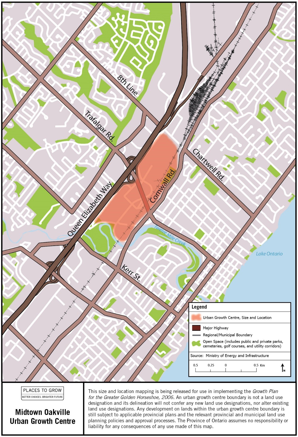 Map of the approximate size and location of the Midtown Oakville Urban Growth Centre in the vicinity of Cornwall and Trafalgar Roads.