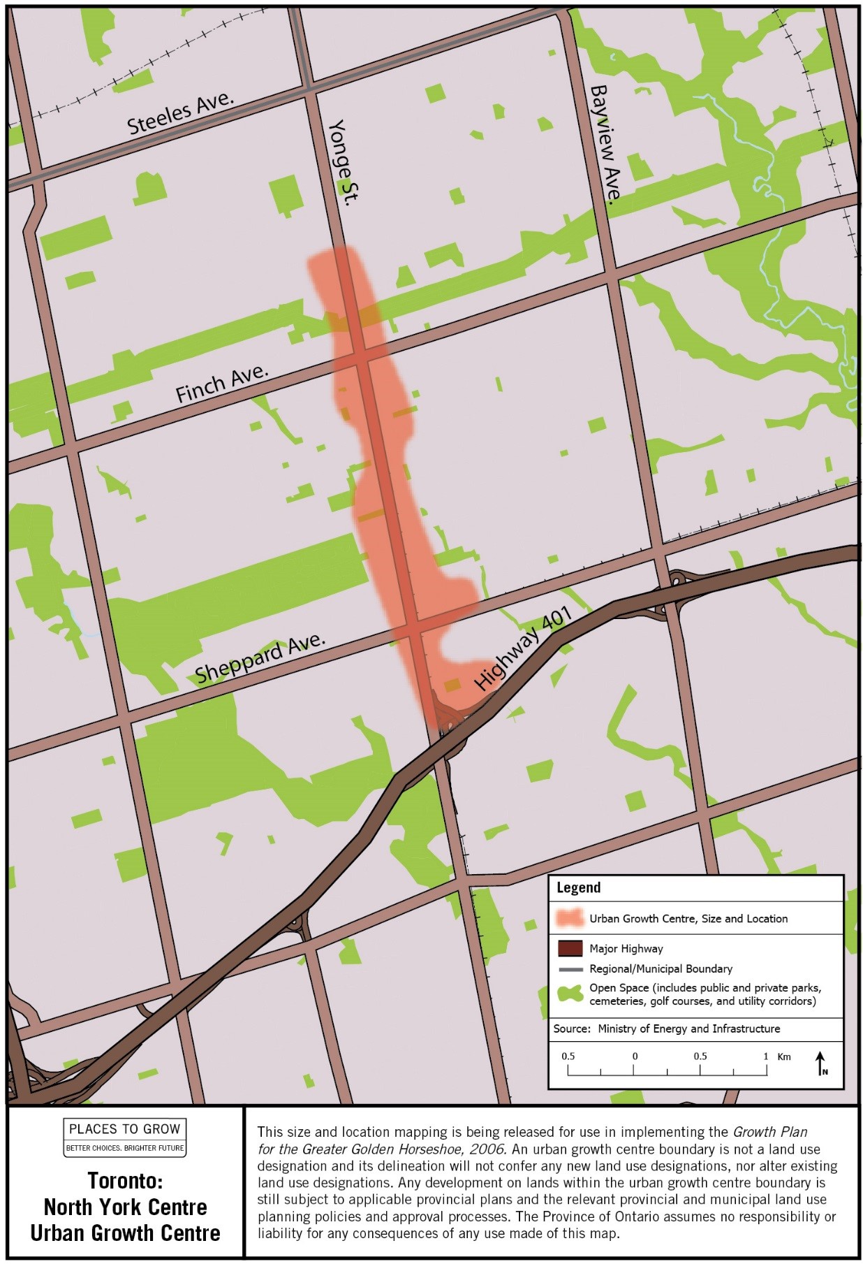Image description: Map of the approximate size and location of the Toronto: North York Centre Urban Growth Centre in the vicinity of Sheppard Avenue and Yonge Street.