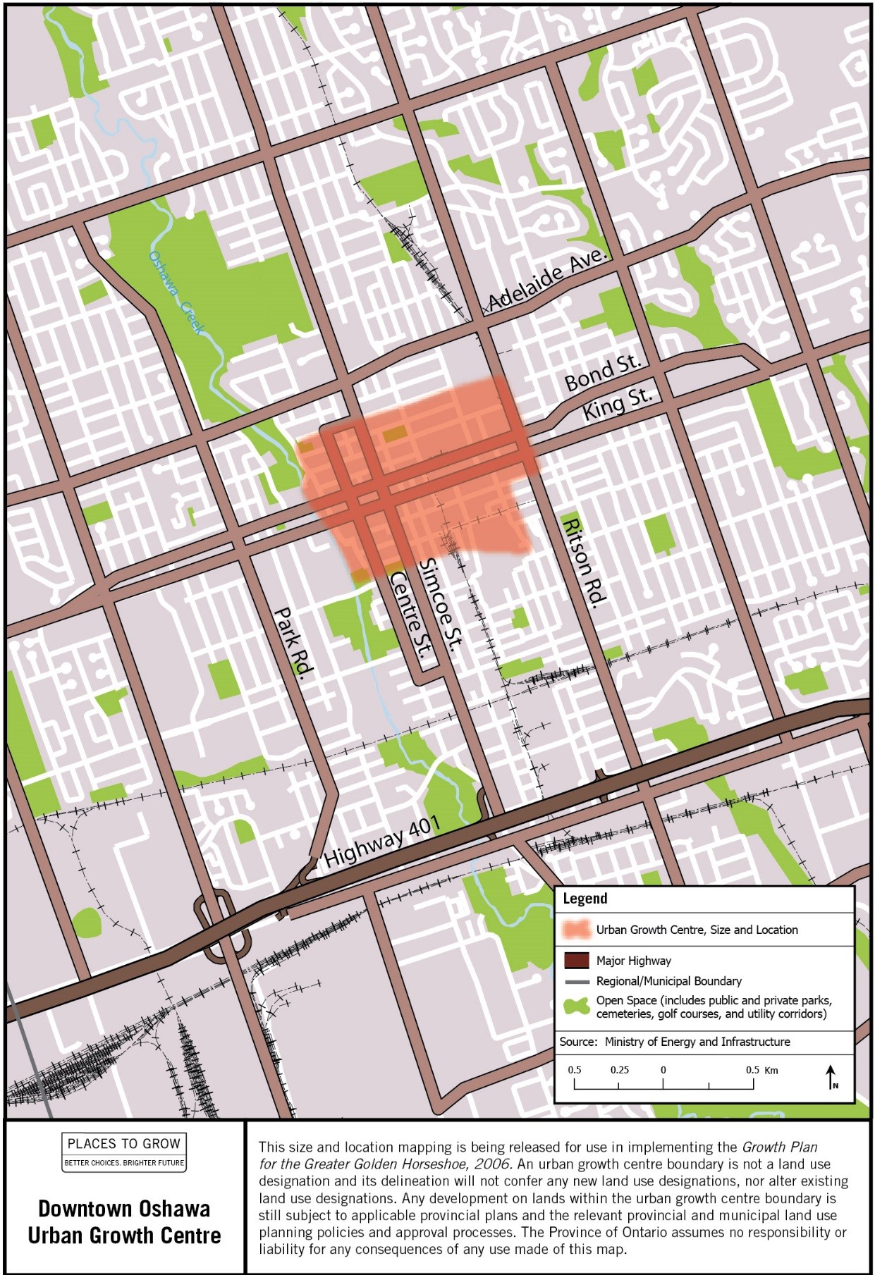 Map of the approximate size and location of the Downtown Oshawa Urban Growth Centre in the vicinity of Simcoe and Bond Streets.