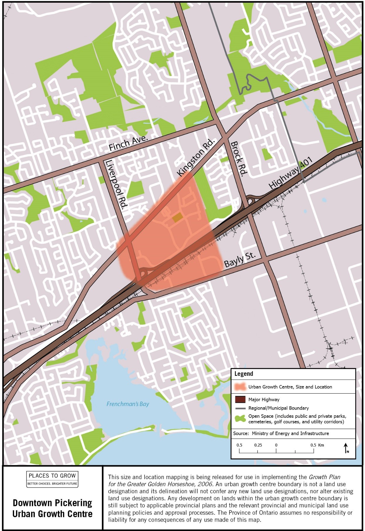 Map of the approximate size and location of the Downtown Pickering Urban Growth Centre in the vicinity of Highway 401 and Liverpool Road.