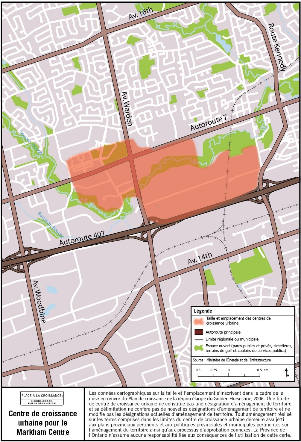Carte de la taille et de l’emplacement approximatifs du centre de croissance urbaine du centre-ville de Markham situé à proximité de l’avenue Warden et de la route 7.