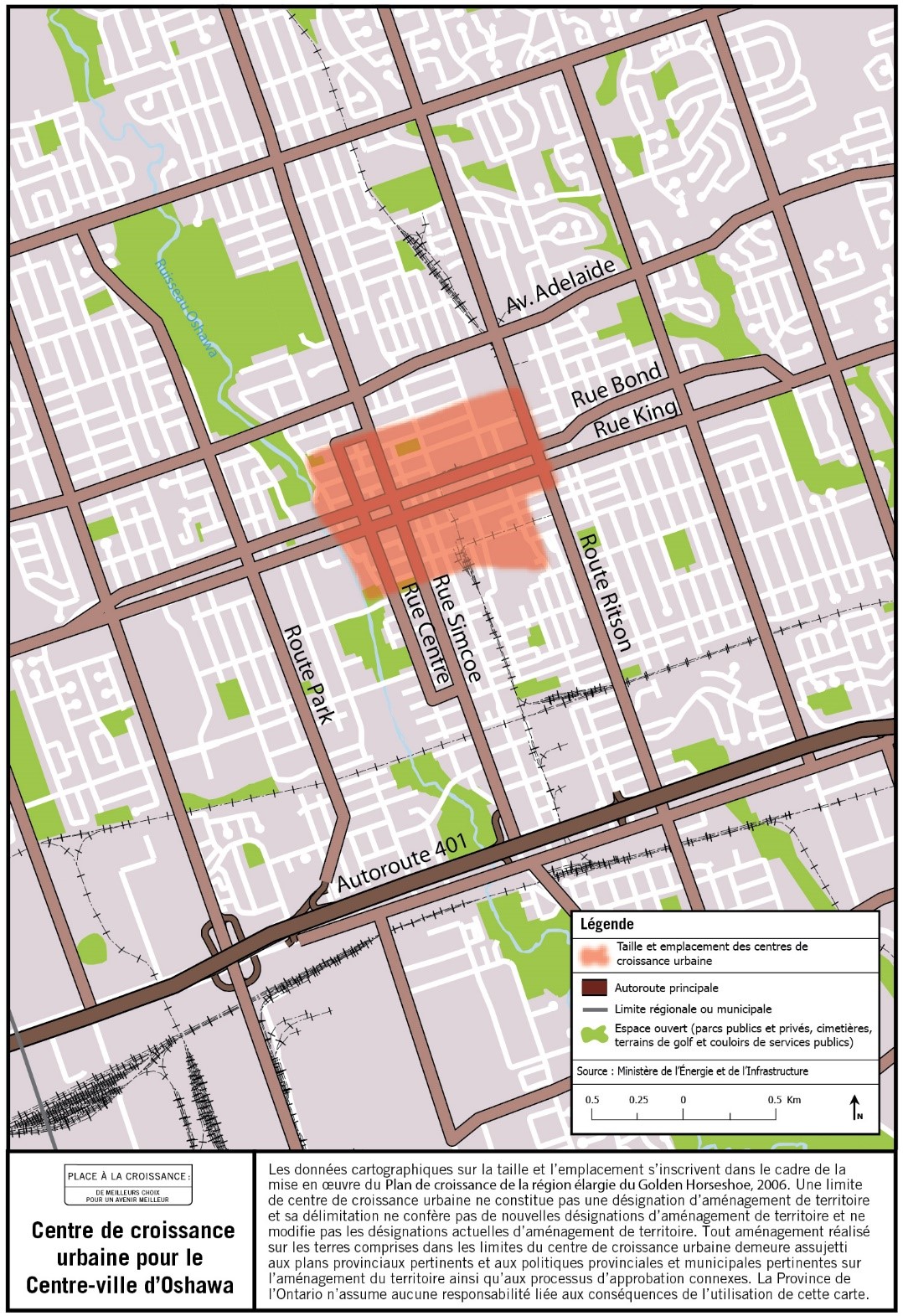 Carte de la taille et de l’emplacement approximatifs du centre de croissance urbaine du centre-ville d’Oshawa situé à proximité des rues Simcoe et Bond.