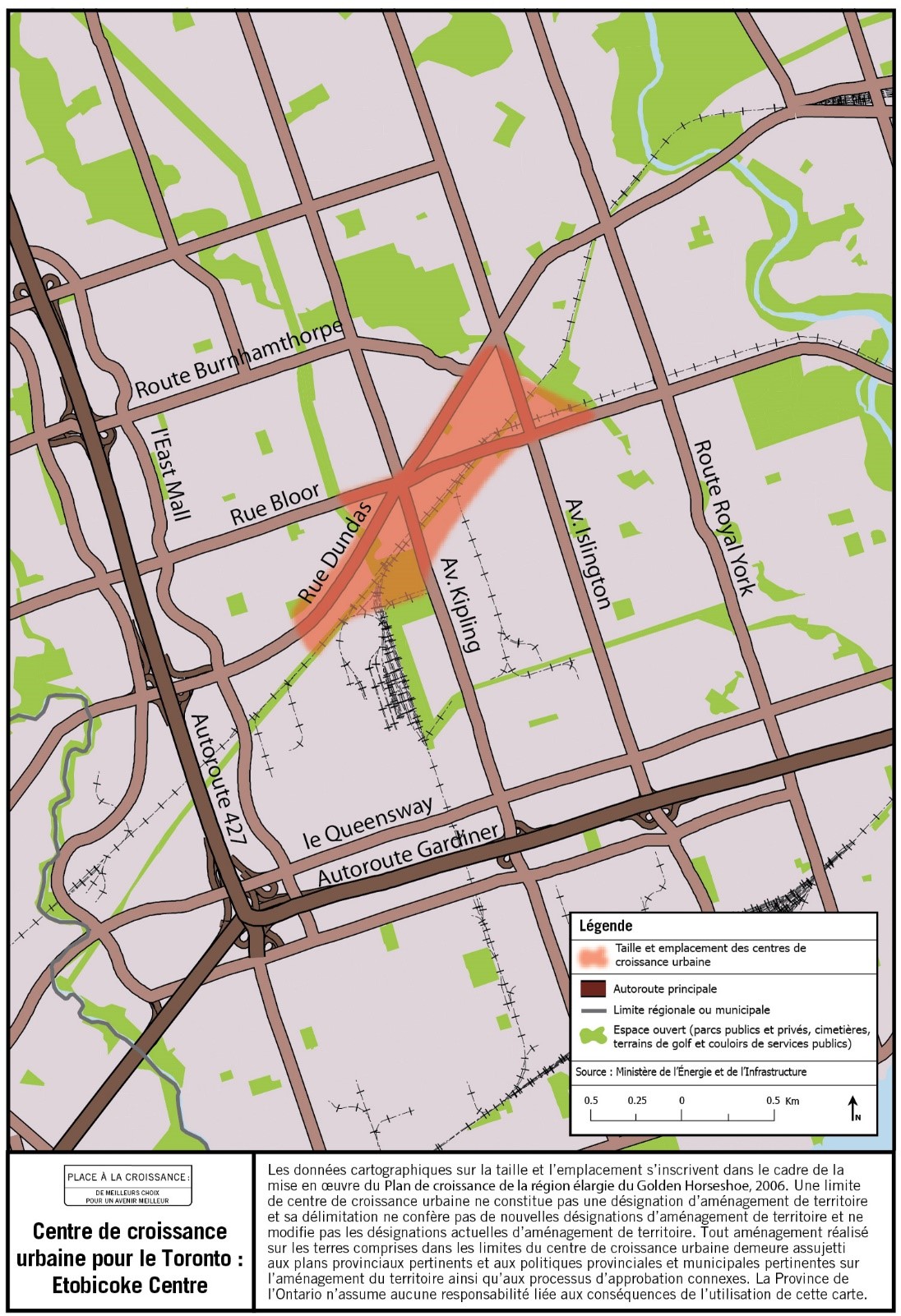 Carte de la taille et de l’emplacement approximatifs du Toronto: Centre de croissance urbaine du centre-ville d’Etobicoke situé à proximité de l’avenue Kipling et de la rue Dundas Ouest.