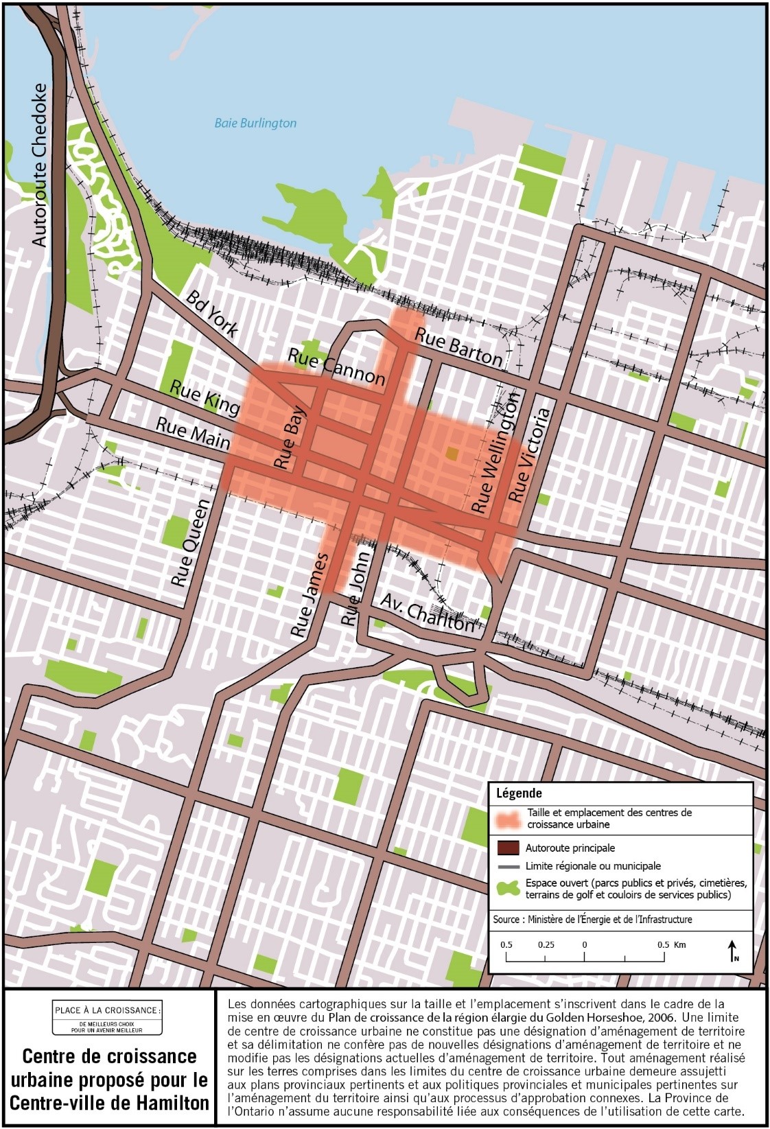 Carte de la taille et de l’emplacement approximatifs du centre de croissance urbaine du centre-ville de Hamilton, à proximité des rues James et King.
