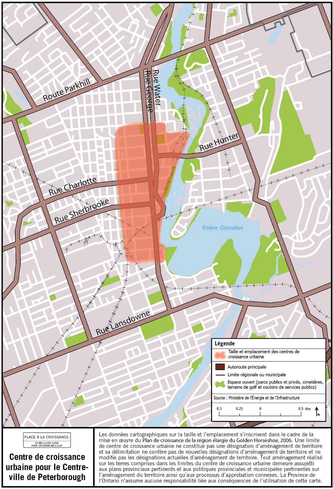Carte de la taille et de l’emplacement approximatifs du centre de croissance urbaine du centre-ville de Peterborough à proximité des rues George et Charlotte.