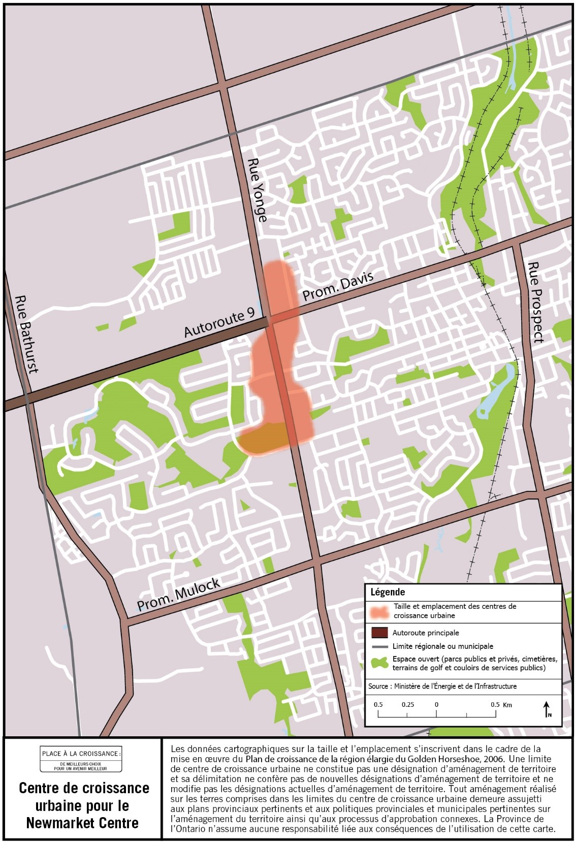 Carte de la taille et de l’emplacement approximatifs du centre de croissance urbaine du centre-ville de Newmarket situé à proximité de la promenade Davis et de la rue Yonge.